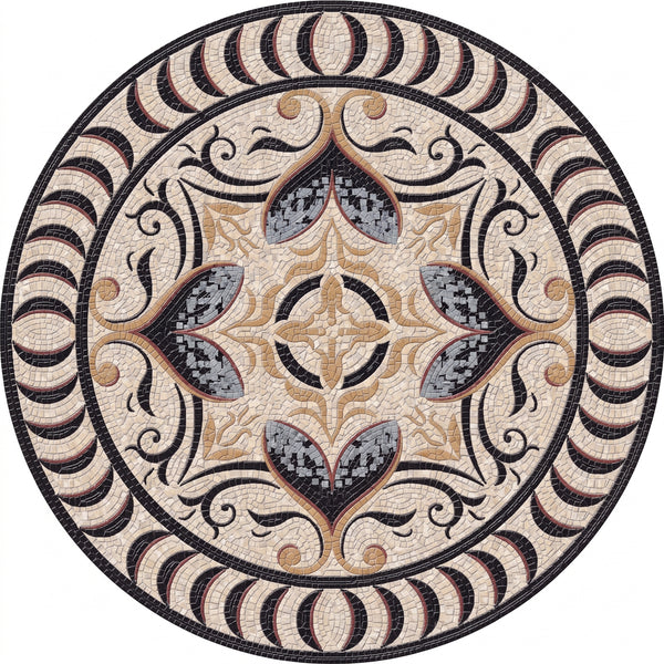 Ivory Baroque Scroll Medallion Marble Mosaic Art