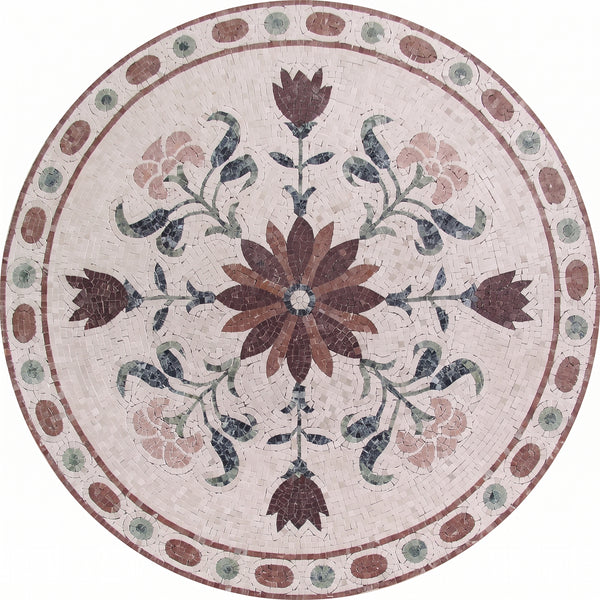 Burgundy Tulip Bloom Medallion Marble Mosaic Art