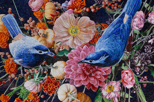 Heron and Golden Pheasant Floral Mosaic Art