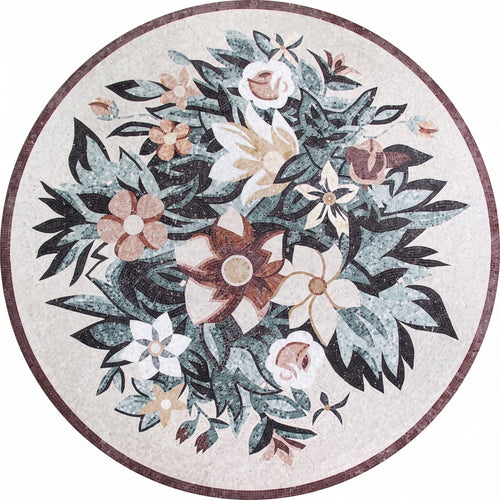 Coral Floral Bouquet Medallion Marble Mosaic Art