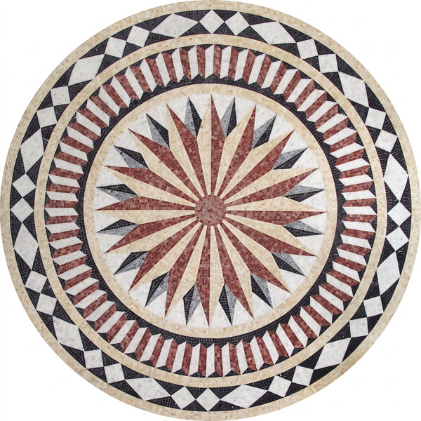 Red Compass Star Medallion Marble Mosaic Art