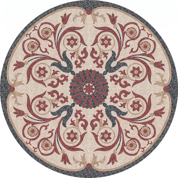 Burgundy Scroll Bloom Medallion Marble Mosaic Art