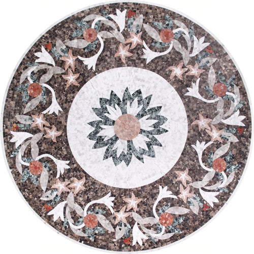Sunflower Emperador Floral Medallion Marble Mosaic Art