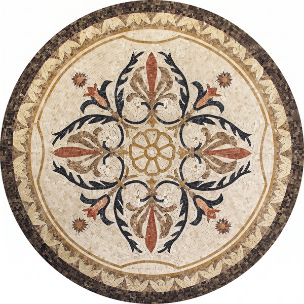 Ivory Fleur Scroll Medallion Marble Mosaic Art