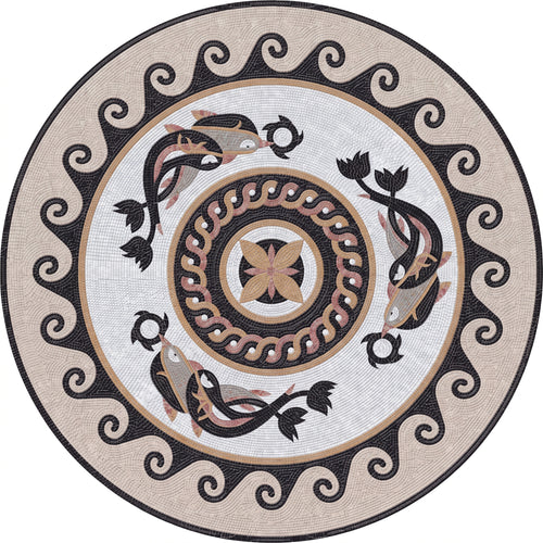 Roman Dolphin Wave Medallion Marble Mosaic Art