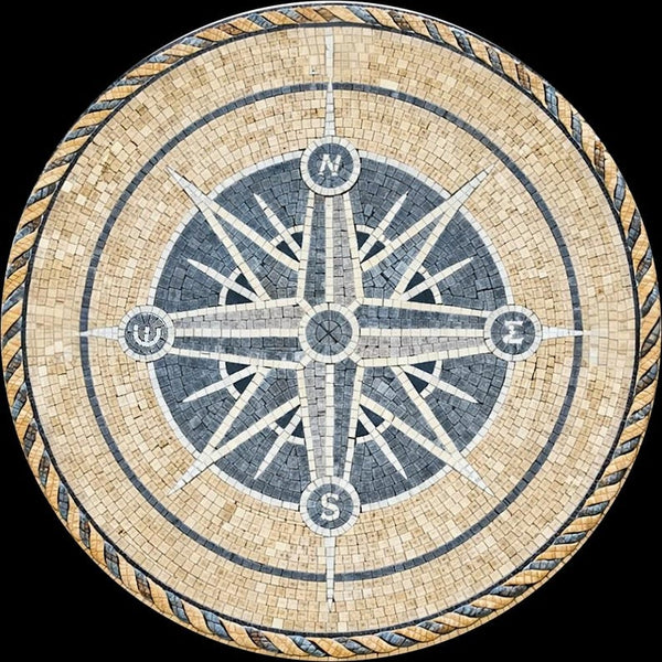 Beige and Slate Compass Rose Medallion Mosaic Art