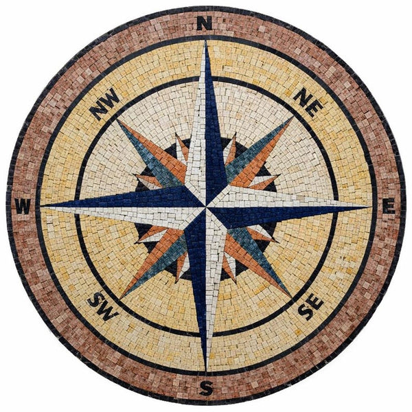 Gold and Navy Compass Rose Medallion Mosaic Art