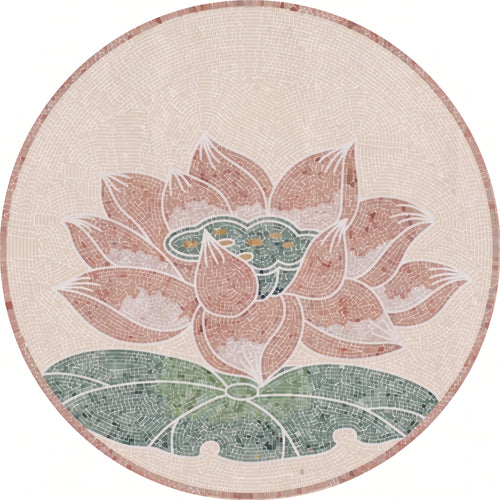 Pink Lotus Pond Medallion Marble Mosaic Art