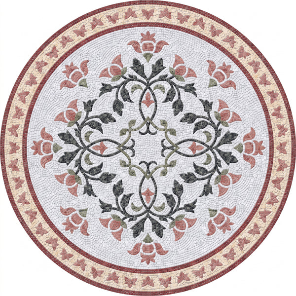Ivory Rosebud Scroll Medallion Marble Mosaic Art