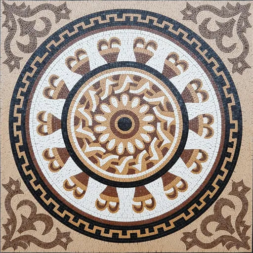 Hand-Set Art Deco Fan Motif Premium Tile Art Stone Mosaic Art