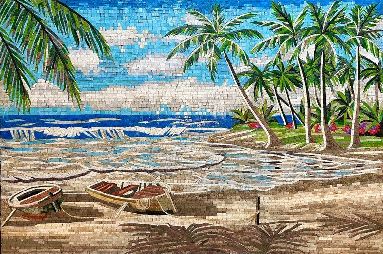 Tropical Serenity: Beach with Palm Trees Mosaic