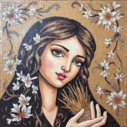 Harvest Maiden Mosaic - Floral Portrait with Wheat Sheaf