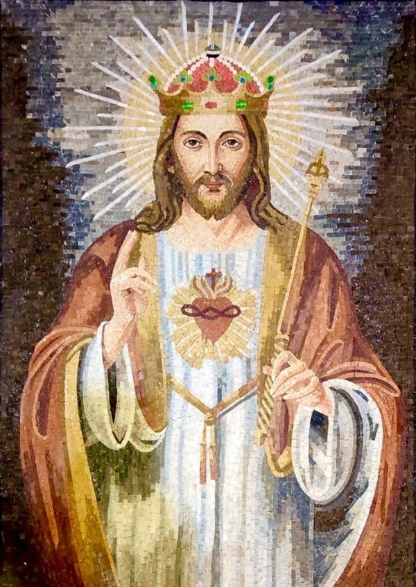 "Christ the King" Handmade Religious Mosaic: Sacred Heart and Royal Crown Wall Art