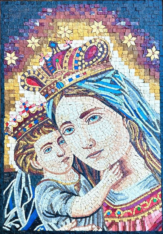 "Queen of Heaven" Handmade Madonna and Child Mosaic: Crowned Religious Wall Art