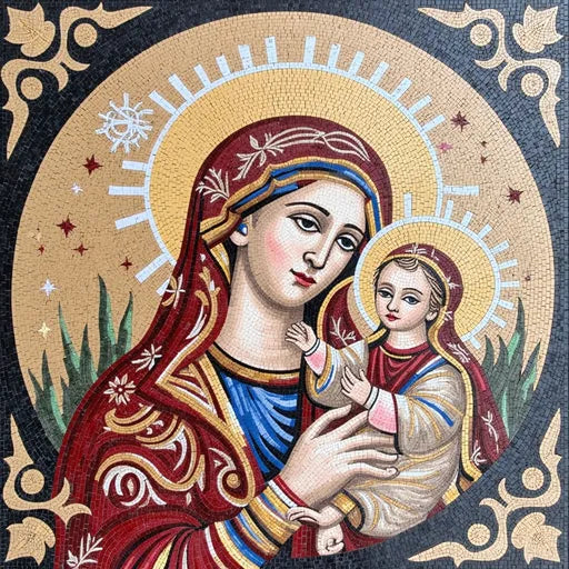 Madonna and Child Mosaic - Intricate Icon with Red Robes