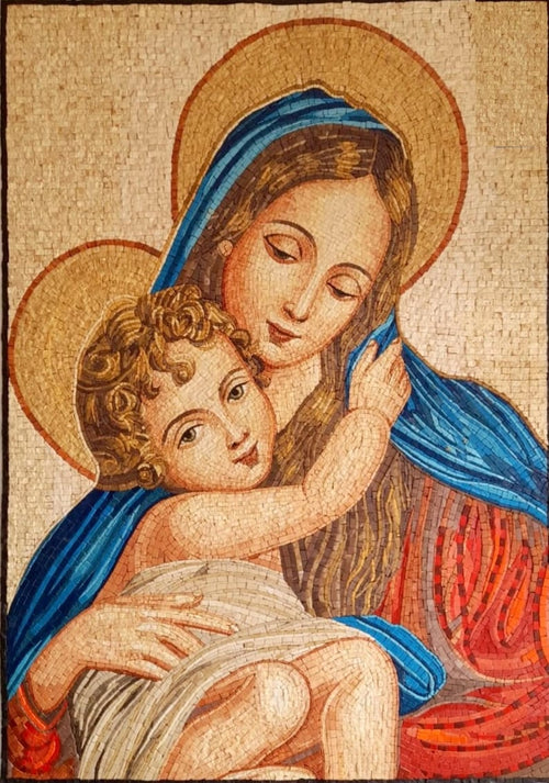 "Madonna and Child Embrace" Handmade Religious Mosaic: Classic Christian Wall Art