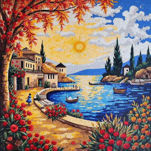 Hand-Set Tuscan Vineyard Sunset Premium Tile Art Stone Mosaic Art