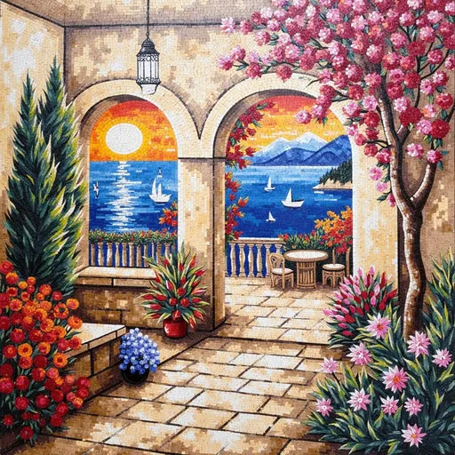 Hand-Set Tuscan Vineyard Sunset Premium Tile Art Stone Mosaic Art