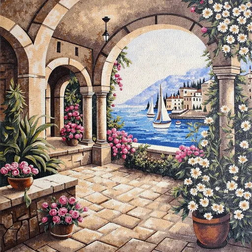 Stonecrafted Desert Oasis at Dawn Premium Tile Art Stone Mosaic Art