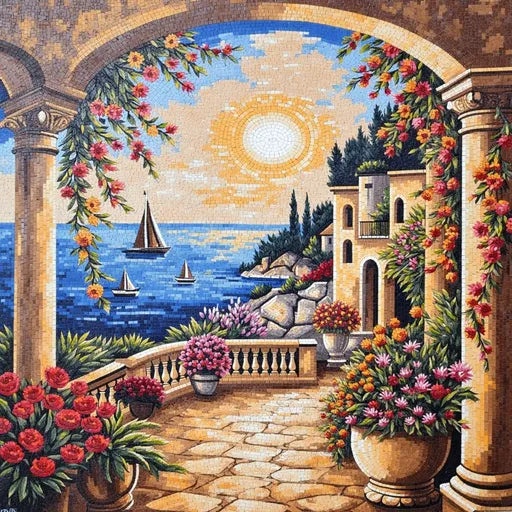 Artisanal Tuscan Vineyard Sunset Premium Tile Art Stone Mosaic Art