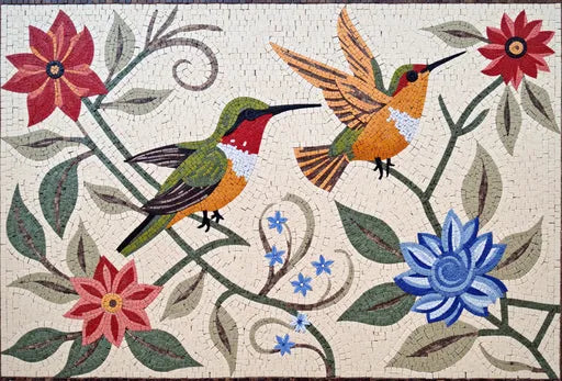 Hummingbird with Flower Mosaic: A Captivating Moment in Nature | Bird Mosaics | iMosaicArt