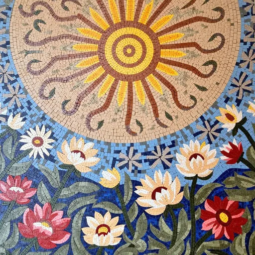 Artisanal Lily Pond Medallion Floral Stone Mosaic Art