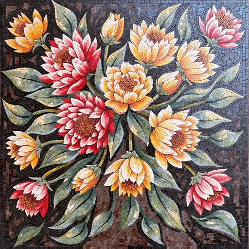 Artisanal Byzantine Floral Cross Floral Stone Mosaic Art