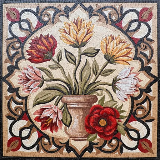 Artisanal Abstract Floral Swirl Floral Stone Mosaic Art