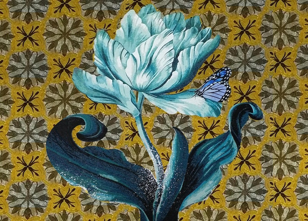 Teal Tulip and Butterfly Glass Mosaic Art