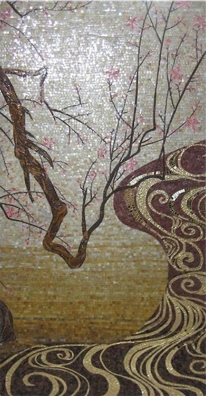 Cherry Blossom Tree Gold Swirl Glass Mosaic Art