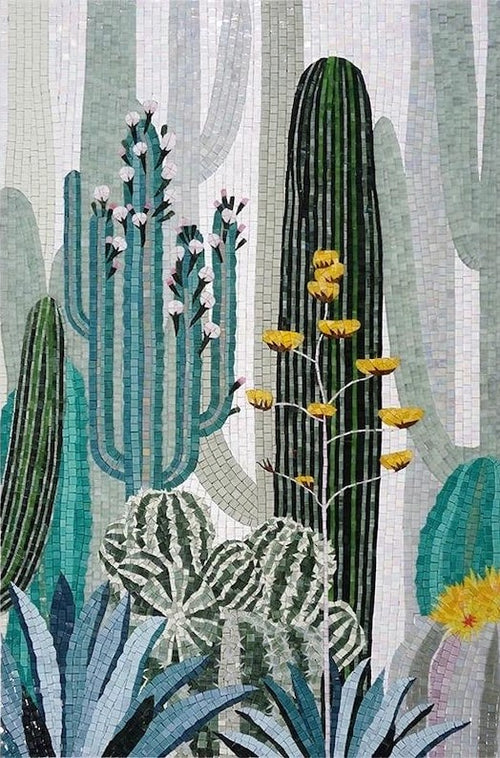 Blooming Cactus Garden Glass Mosaic Art