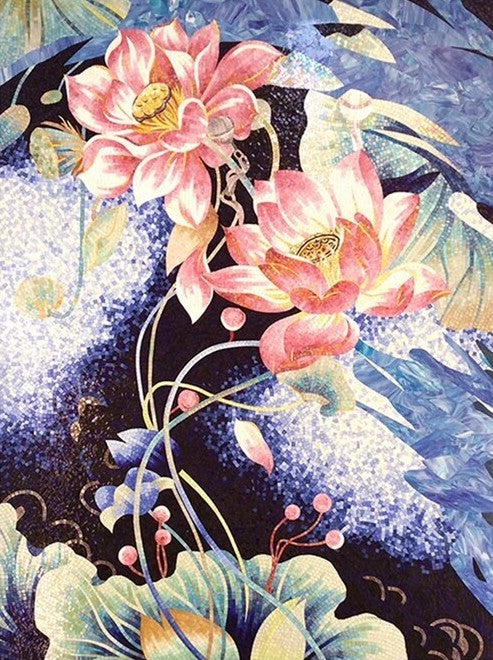 Pink Lotus Pond Glass Mosaic Art