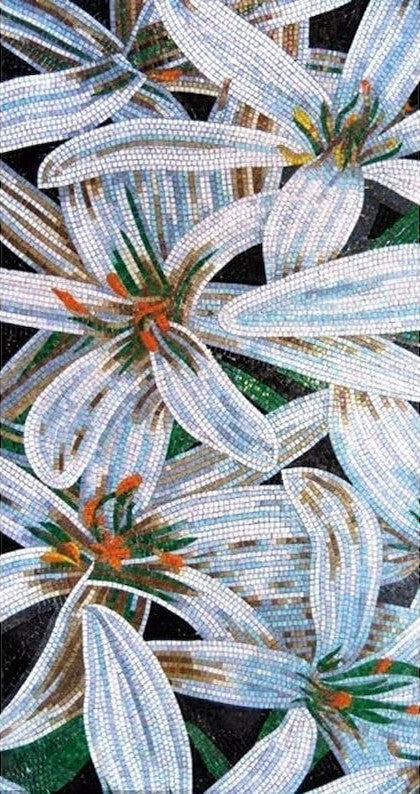 White Lilies on Black Glass Mosaic Art