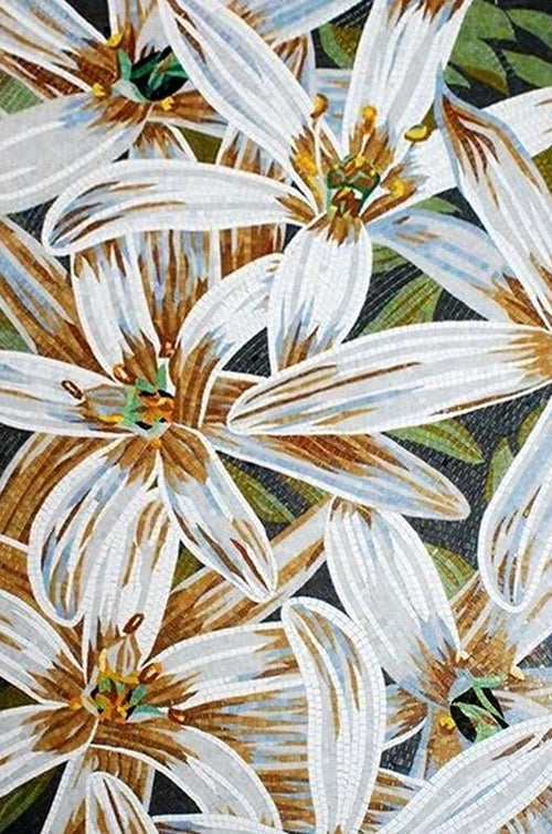 White Lilies with Amber Hearts Glass Mosaic Art