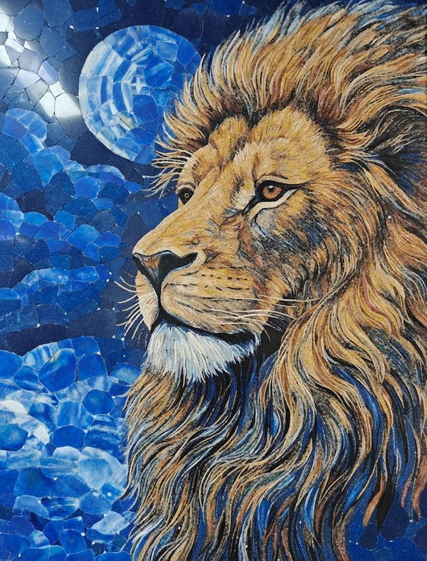 Lion and Blue Moon Glass Mosaic Art