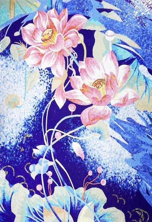 Pink Lotus on Azure Glass Mosaic Wall Art