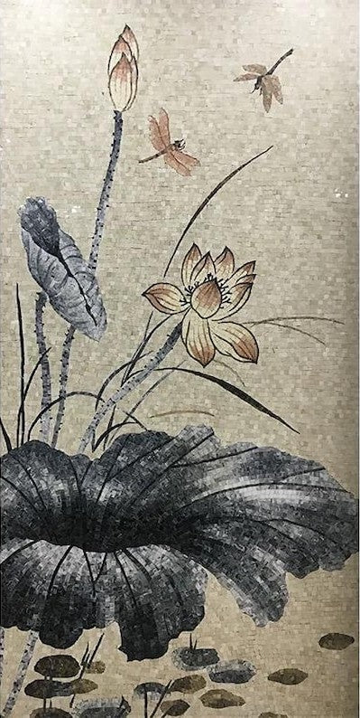 Lotus & Dragonfly Oriental Marble Mosaic Art
