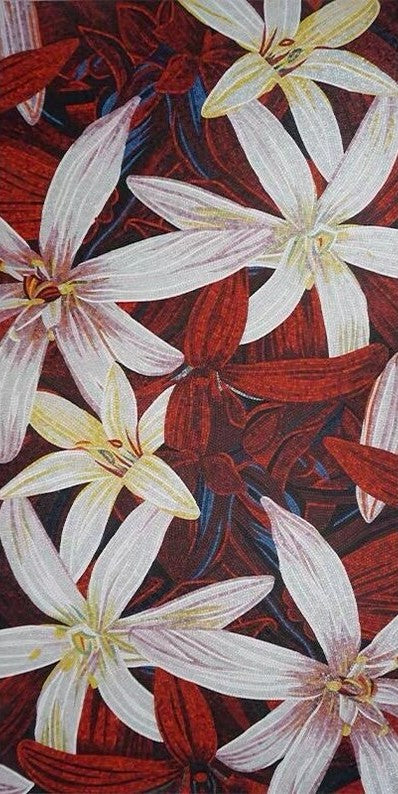 Crimson & White Lily Marble Mosaic Wall Art