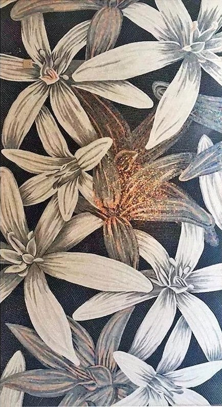 Silver and Gold Lilies on Black Glass Mosaic Art
