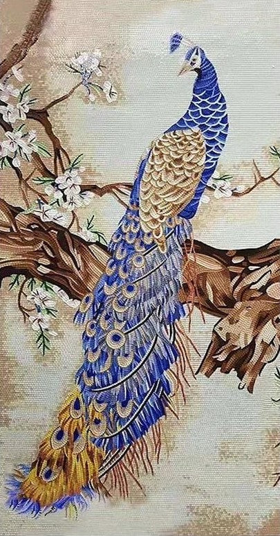 Blue Peacock on Blossom Branch Glass Mosaic Art