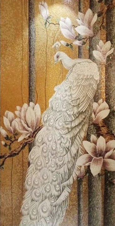 White Peacock on Gold Glass Mosaic Art
