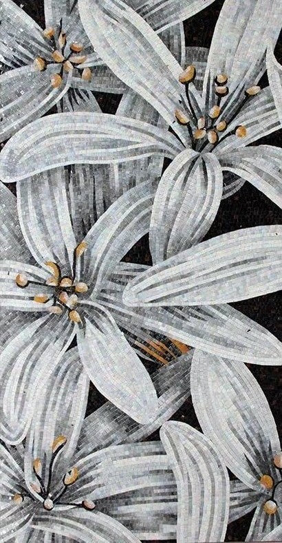 White Lily Panel on Black Glass Mosaic Art
