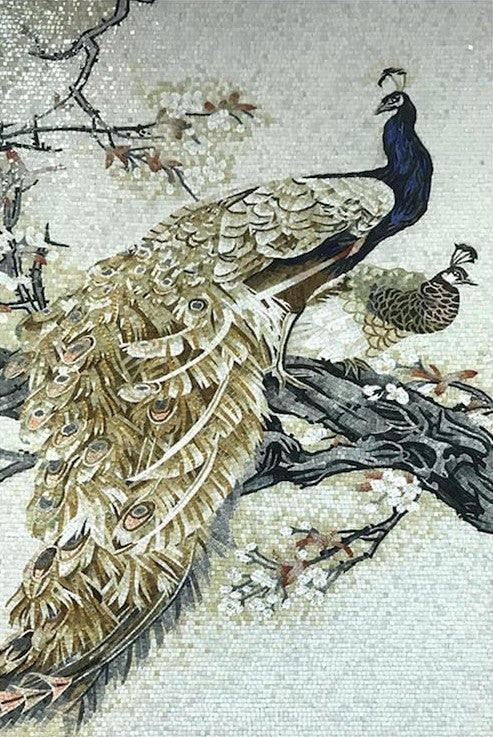 Blue Peacock Pair on Blossom Branch Glass Mosaic Art