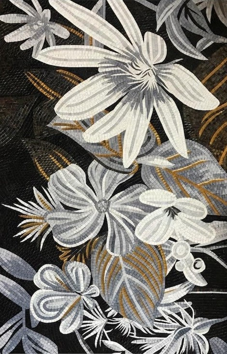 White Tropical Flowers on Black Glass Mosaic Art