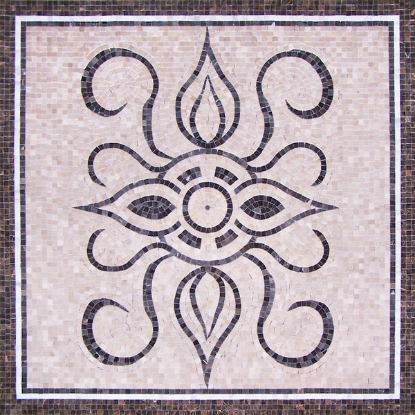 Black and Cream Floral Sun Medallion Marble Mosaic Art