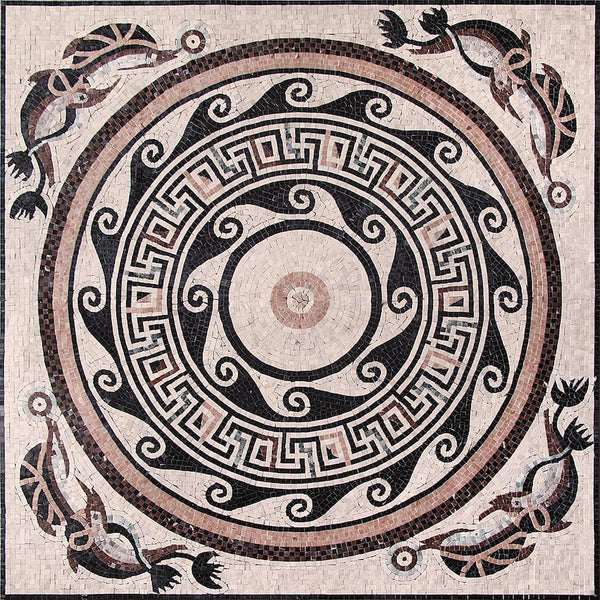 Greek Key Wave Medallion Marble Mosaic Art