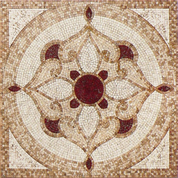 Burgundy Rosette Floral Medallion Marble Mosaic Art