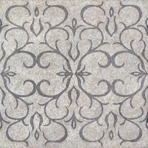 Gray Damask Scroll Pattern Marble Mosaic Art