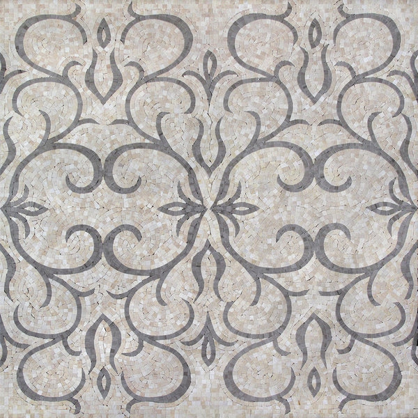 Gray Damask Scroll Pattern Marble Mosaic Art