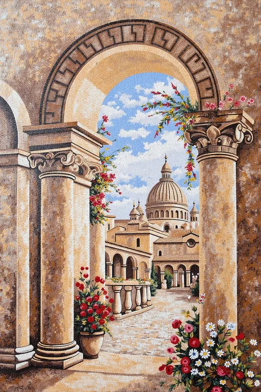 Roman Archway Overlooking a Coastal Town Mosaic | Landmark Mosaics | iMosaicArt